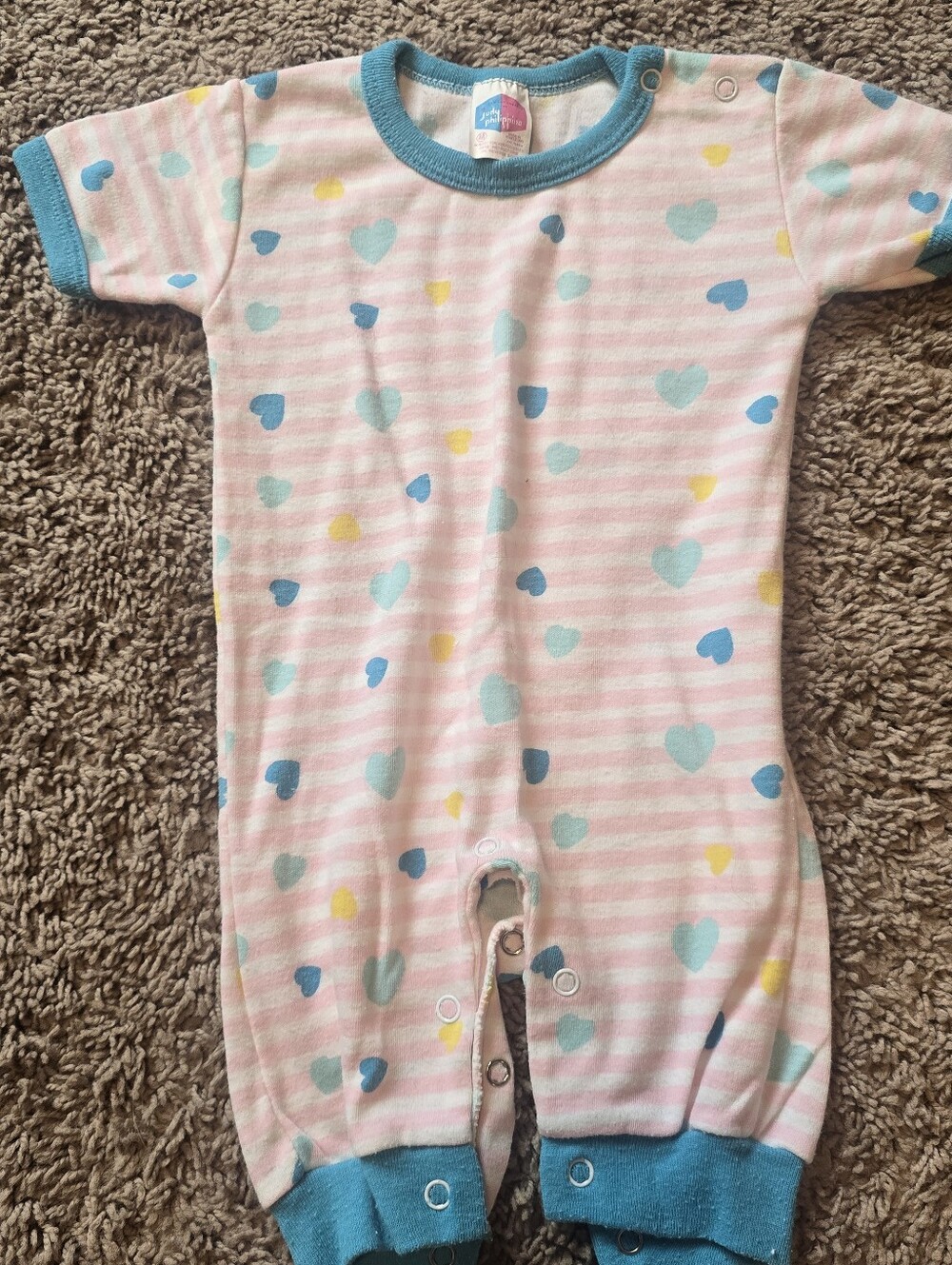 Vintage Judy Philippine Pastel Heart Baby Romper 0-6M Pink Striped Retro